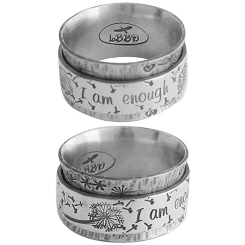 Vintage Silver Color Double Layered Dandelion Carving Wide Ring Lettering Inspiration Rings for Men Women Punk Custom Jewelry