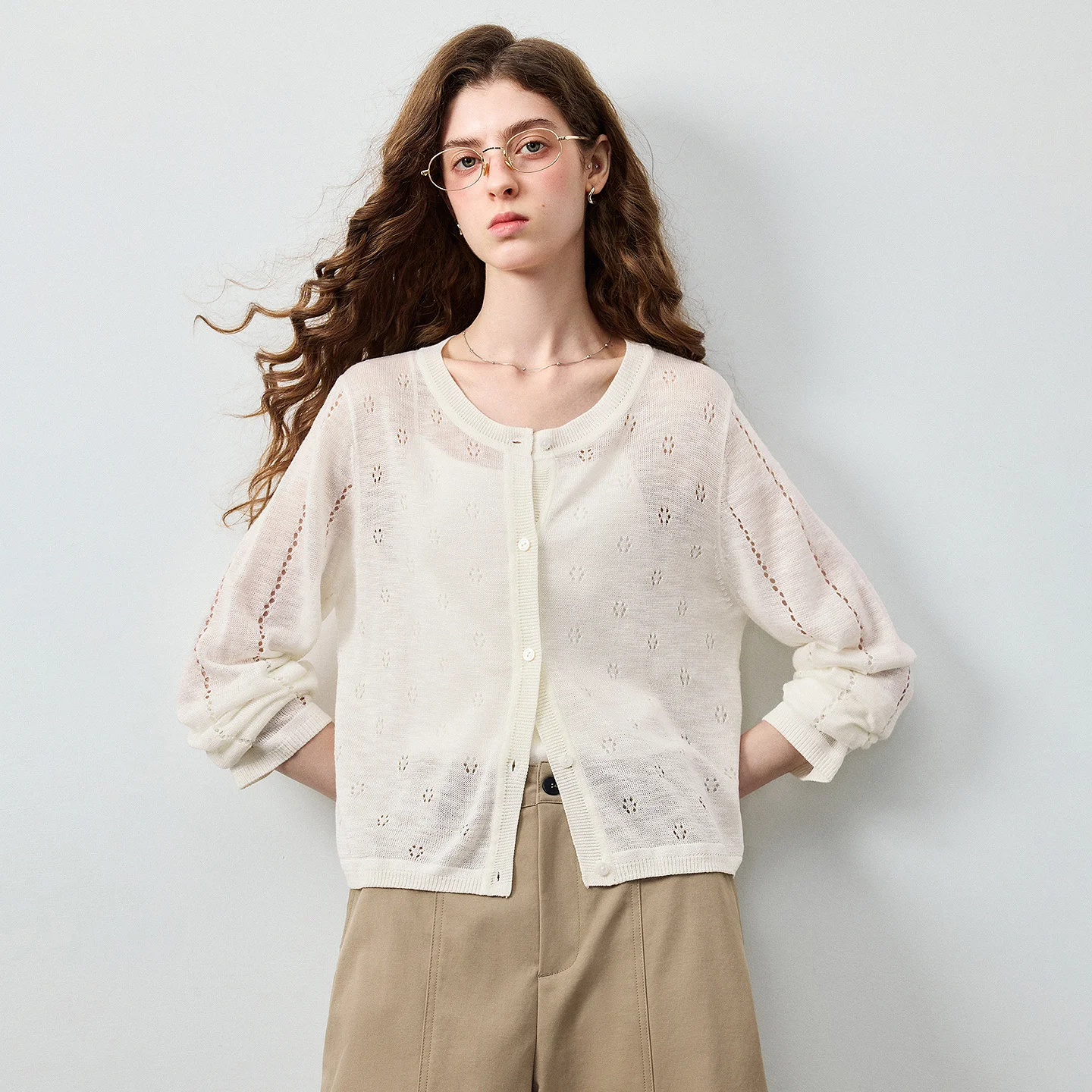 TOYOUTH Women's Slub Linen Knit Cardigan 2026 Autumn New Long Sleeve Hollow Out Crochet Thin Breathable Airy Casual Outerwear
