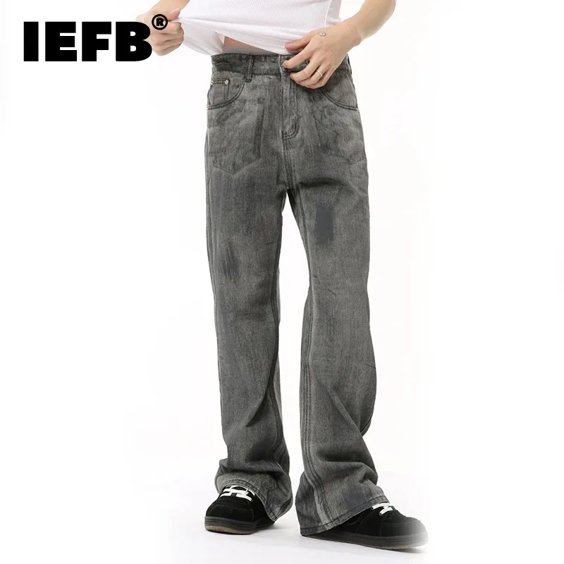 

IEFB Male Grey Black Denim Pants New Worn-out Washed Loose Straight Wide Leg Boot Cut Men‘s Jeans Summer 2024 Fashion 9C6682