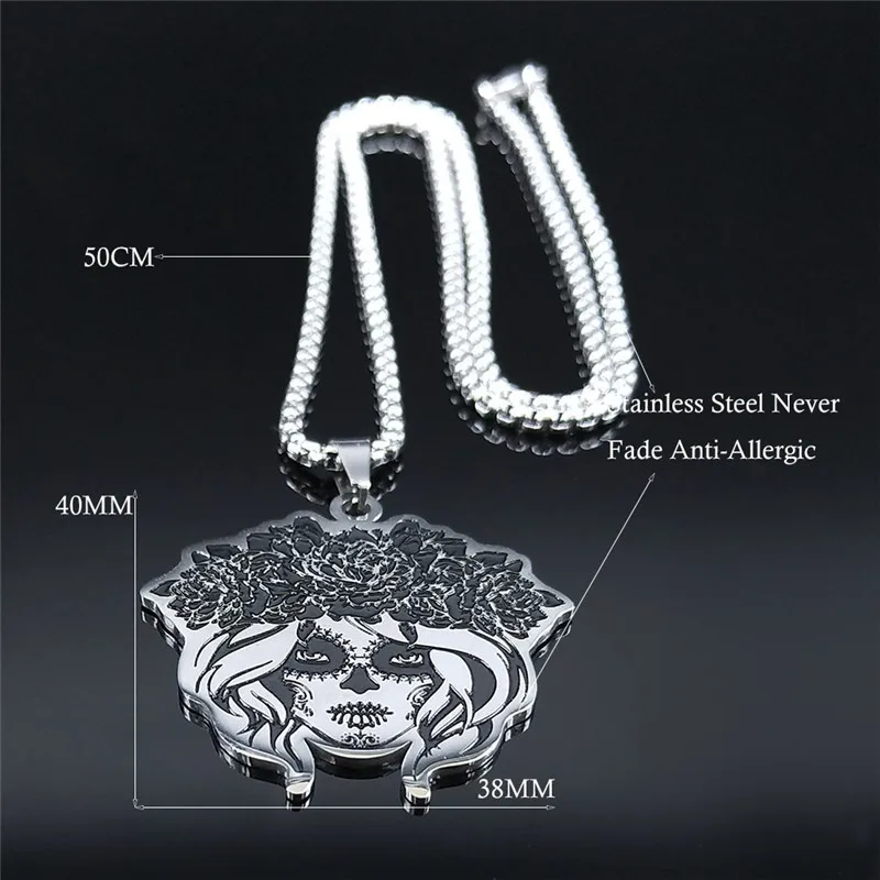 2024 Mexican Female Skull Stainless Steel Chain Necklace for Women/Men Silver Color Necklaces Jewelry collar mujer N3636S02
