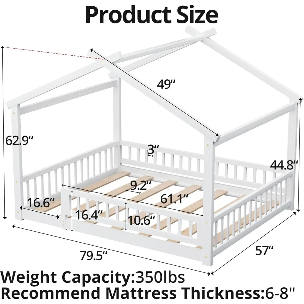 سرير أرضية كاملة مع درابزين أمان، سرير أرضية مونتيسوري خشبي مع سقف، إطار سرير مونتيسوري للمنزل مع شرائح، بدون صندوق Spr #2