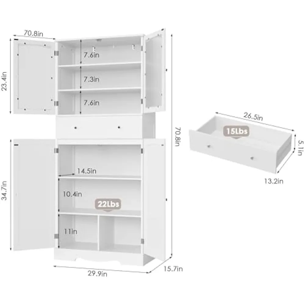 XMSJ Tall Bathroom Storage Cabinet, Modern Large Storage Cabinet Freestanding Linen Cabinest White