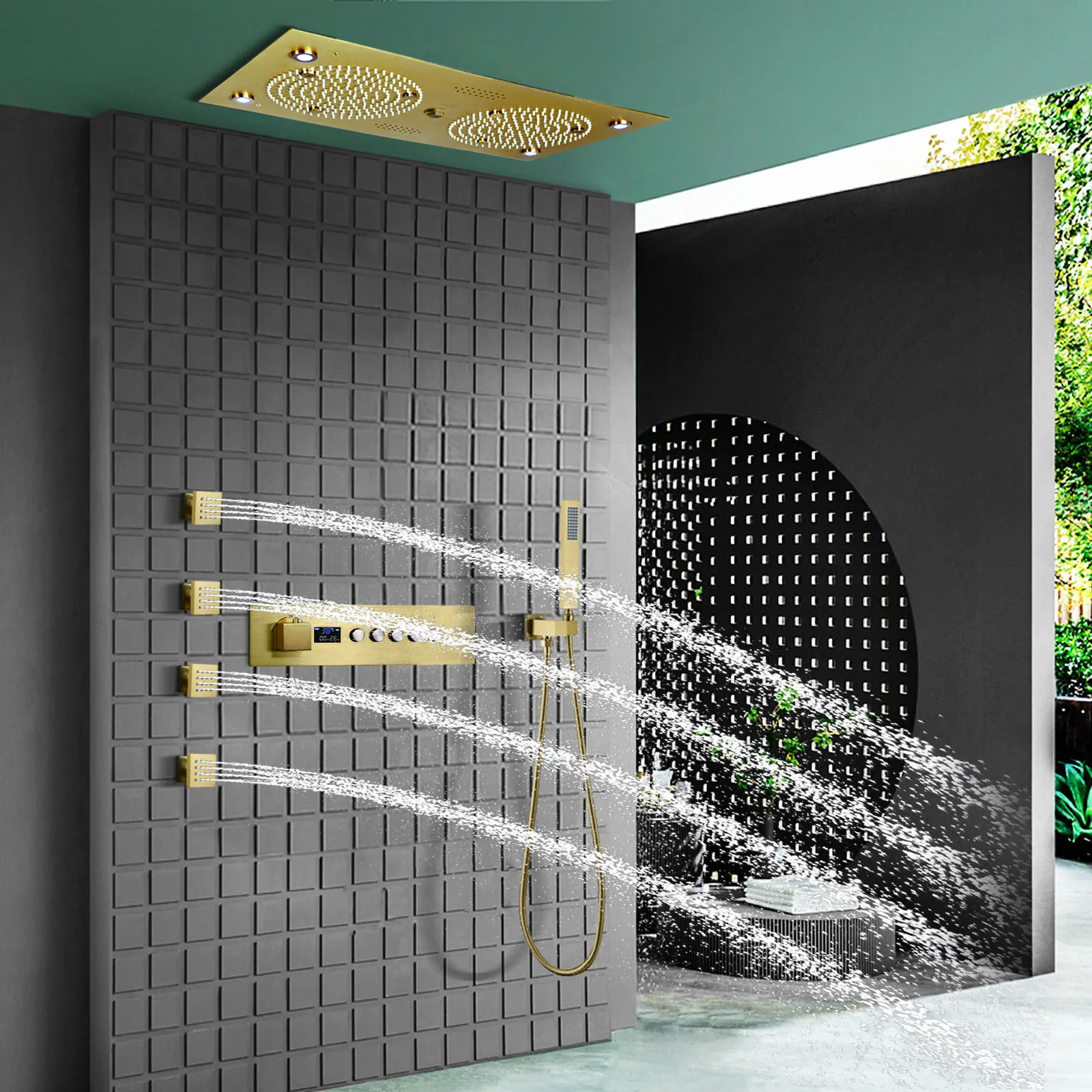 

24.5x12.5 inch brushed gold LED Music Shower System Set Bathroom Shower Height temperature water dragon massage head injection