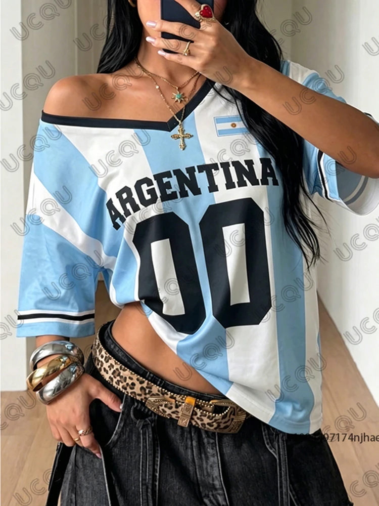 Summer New Stripe Argentina No.7 Print Women‘s Surfing T-Shirt V-Neck Sports Tees Football Jersey Y2K Loose Kids/Adult Tops view 2