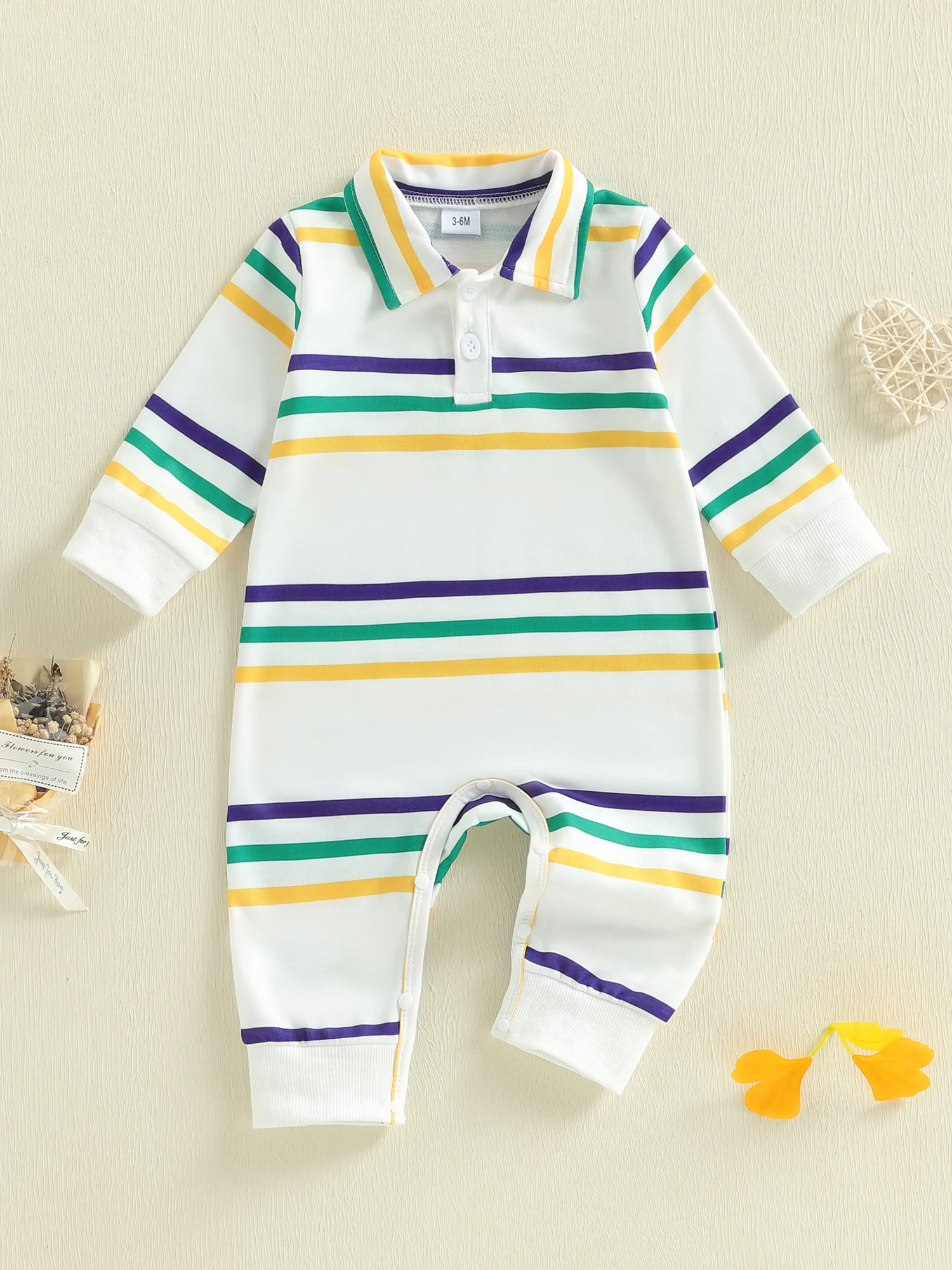 

Infant Boy Striped Romper with Long Sleeves and Turn Down Collar Full Length Jumpsuit for Newborn Baby Boy