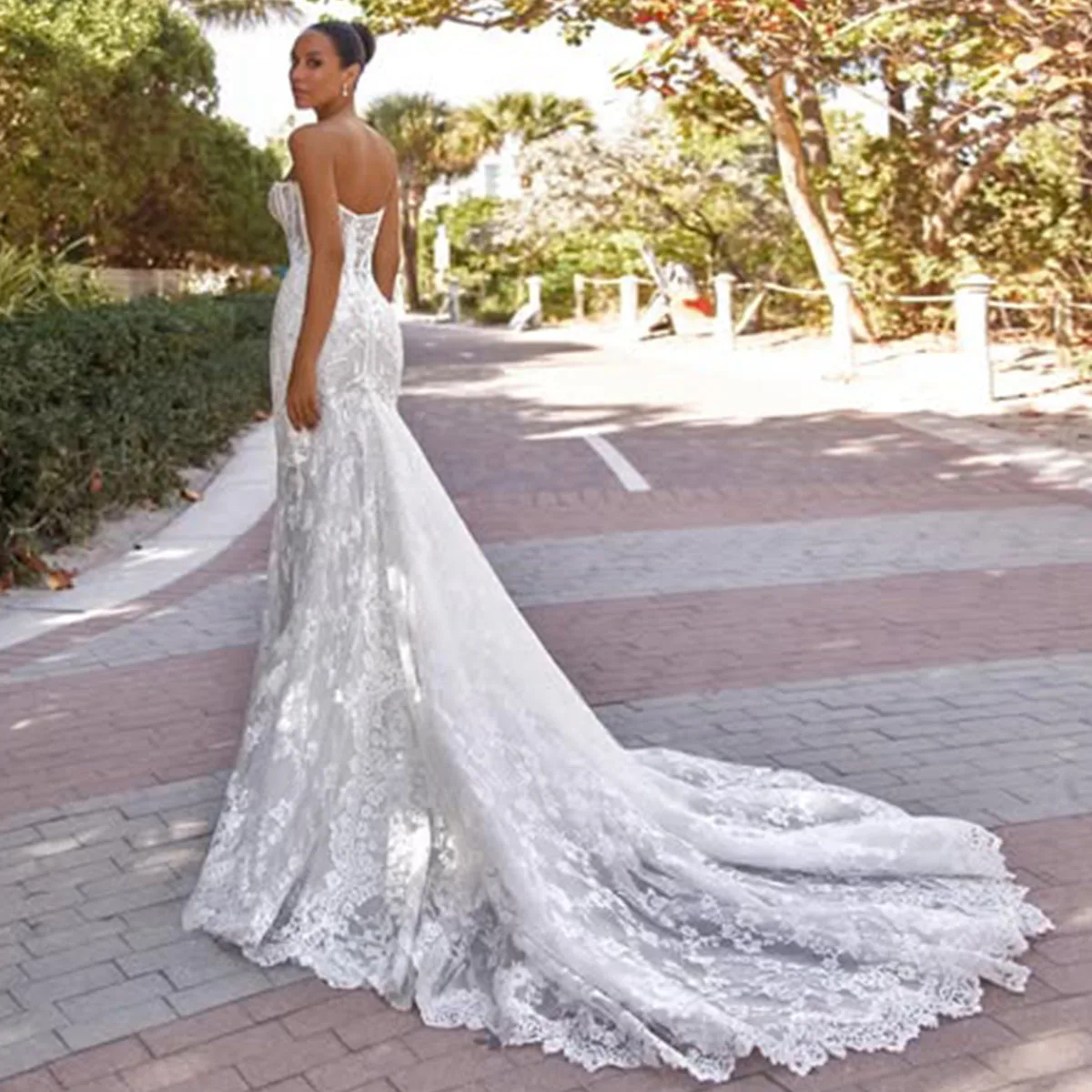 Applique A-Line Wedding Dresses For Girls Pearls For Bride Open Back  3D Flowers Lace Gown Beading Vestido De Novia Customized