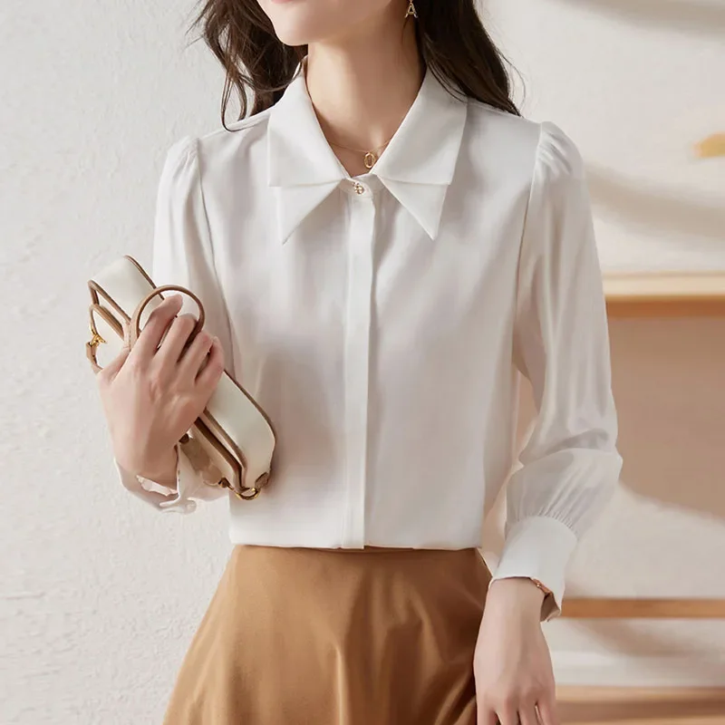 Nieuwe Turn Down Kraag Vrouwen Shirt Wit Lange Mouw Chiffon Shirt Blouse Vrouwen Tops Camisas Blusa Blusas Camisas De Mujer M516