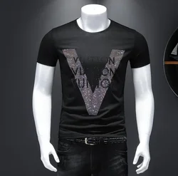 PLEIN ALI Rhinestone Knitted T-shirt for Men Short Sleeve Slim Fit Round Necked 2025