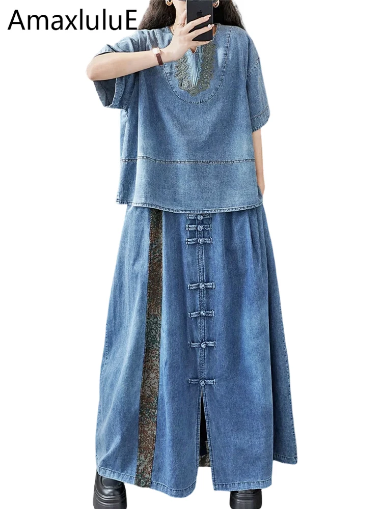 

Летний женский комплект Amax LuluE: джинсовый костюм из двух предметов в китайском стиле, классические повседневные футболки и юбки А-силуэта с вышивкой