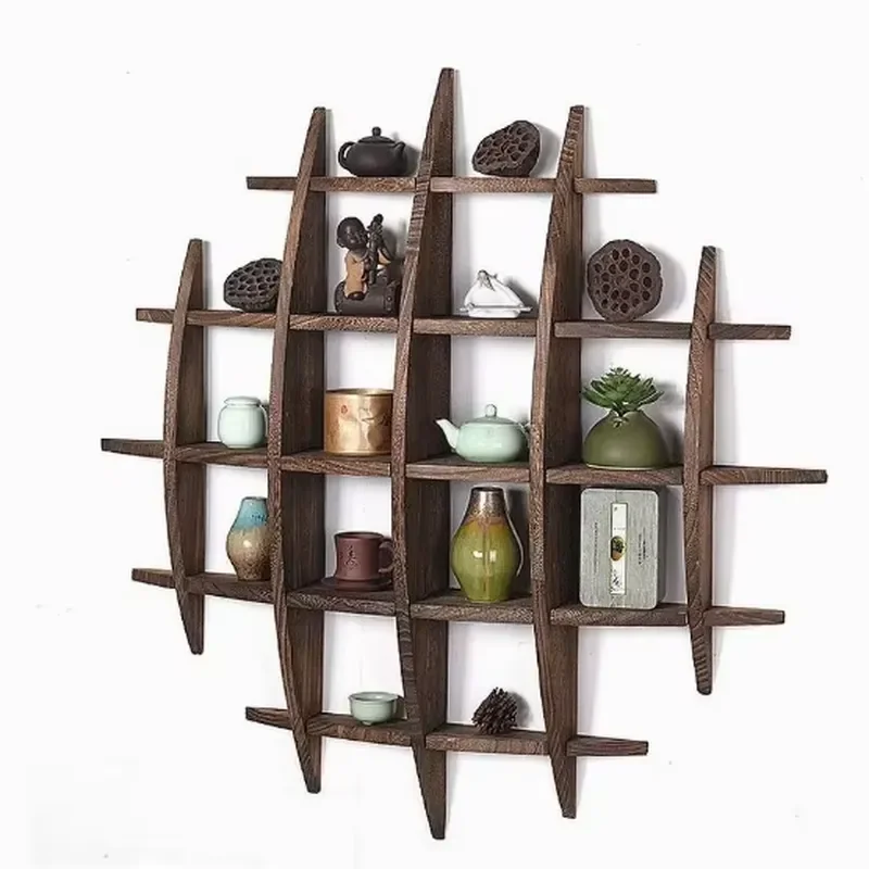 Modern Solid Wood Wall Mounted Tea Rack Chinese Style Living Room Storage Shelf Multi Functional Display Stand for Home Decor