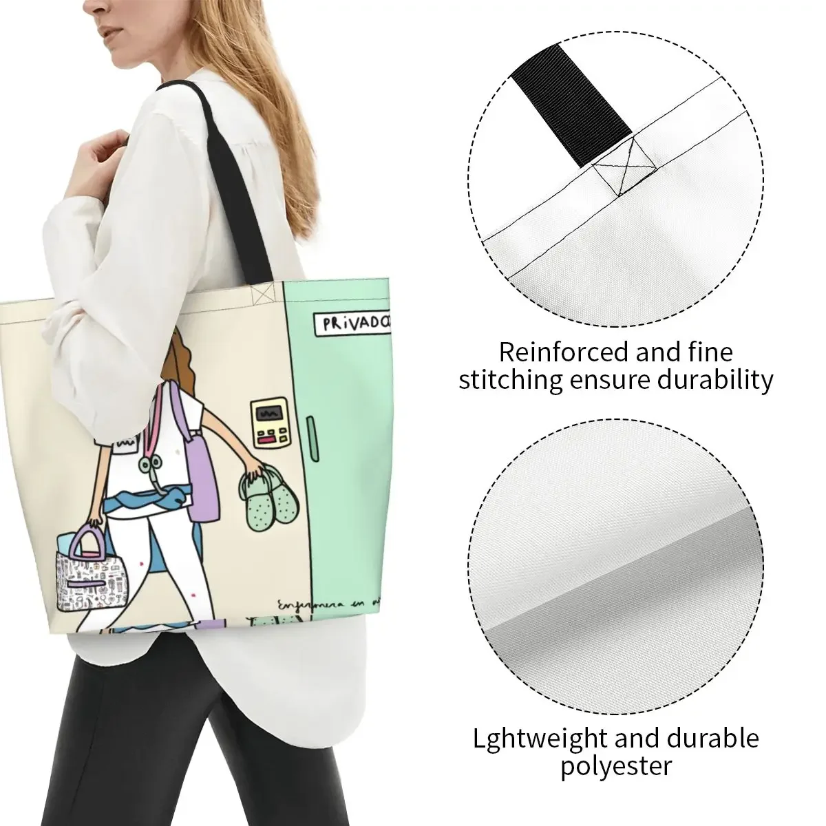 Fashion Cartoon Nurse Enfermera En Apuros Shopping Tote Bag Reusable Health Care Nursing Groceries Canvas Shoulder Shopper Bag