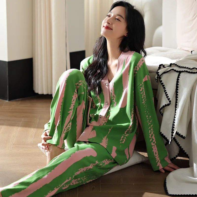 1 Set neuer Damen-Pyjama für Frühling und Herbst, glatter Pyjama, langärmliges Oberteil und lange Hose für Mädchen, leichtes Homewear-Set – Detail 6