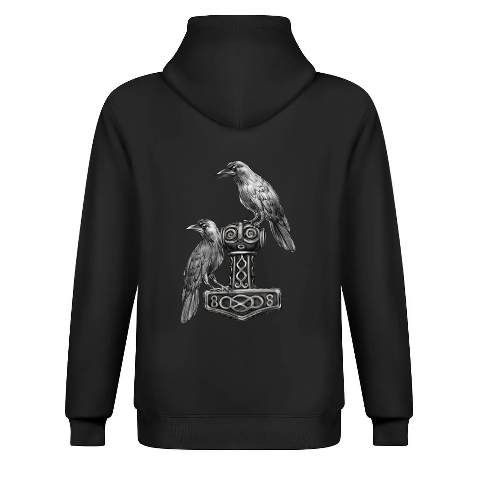 Thor Hammer Mj?lnir مع Odin Ravens Hugin and Munin Hoodie ملابس رجالية ملابس رجالية بقلنسوة جرافيك