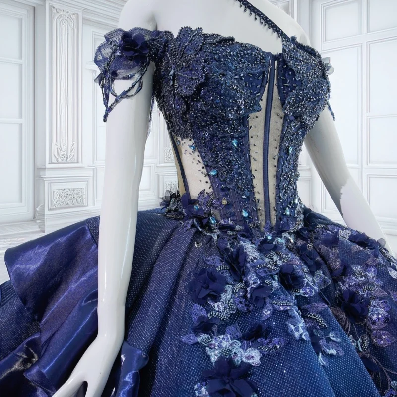 

Dark Blue Quinceanera Dresses Off the Shoulder Decal 3D Flower Lace Ruffles Long tail Bow Vestido De 15 Quinceanera Customize