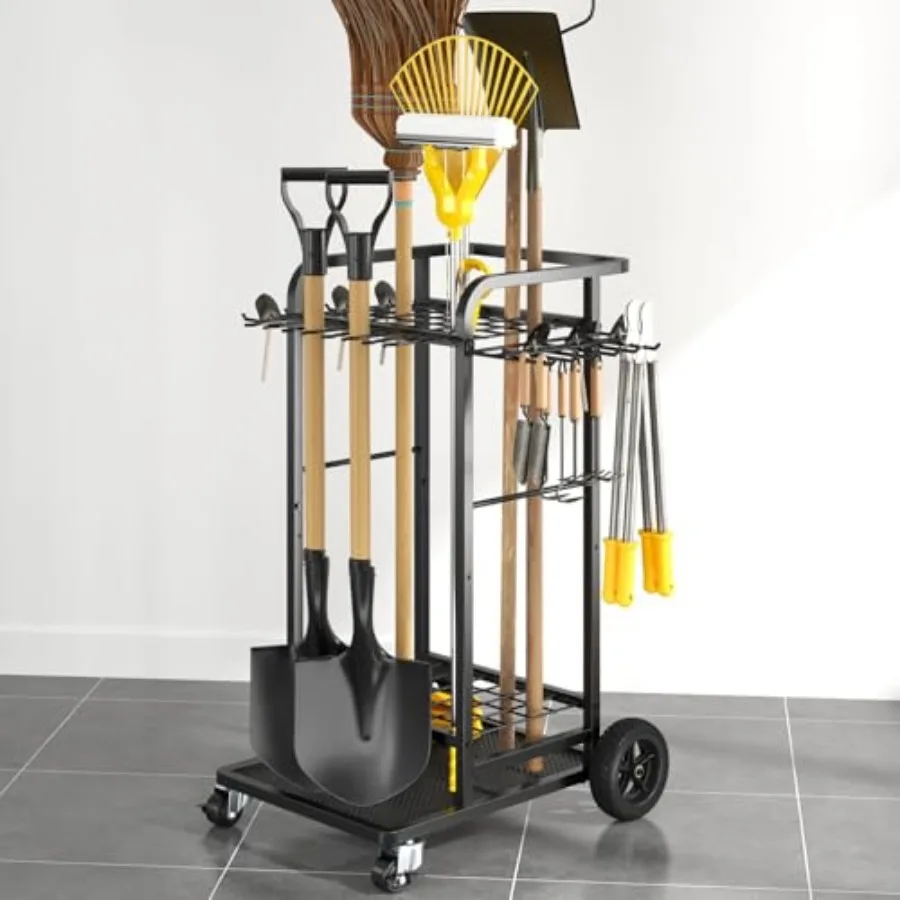 

Garden Tool Organizer with Large Wheels, Heavy Duty 3-Tier Yard Tower Tool Rack for Garage, Holds Up to 35 Long-Handled Tools,
