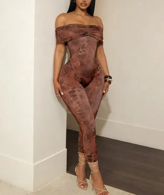 Jumpsuit Women 2026 New Spring Autumn Fashion Leopard Print Off Shoulder Short Sleeve Casual Slim Fit Daily Long Jumpsuit