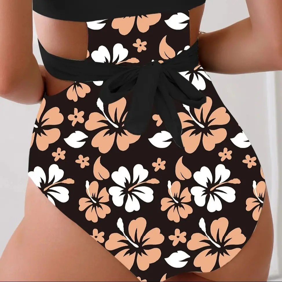 Chest Cross Bikini Set One Pieces Beach Suit Print Flower Swimming set Waist Hollowed Out Bikini