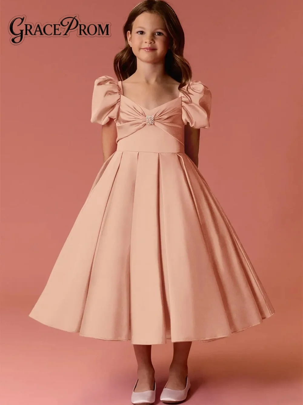 Abito da ragazza classico a maniche corte Abito da spettacolo teatrale per ragazza Abito da principessa per ragazza 2026 Abito da festa formale rosa a trapezio lungo fino al pavimento