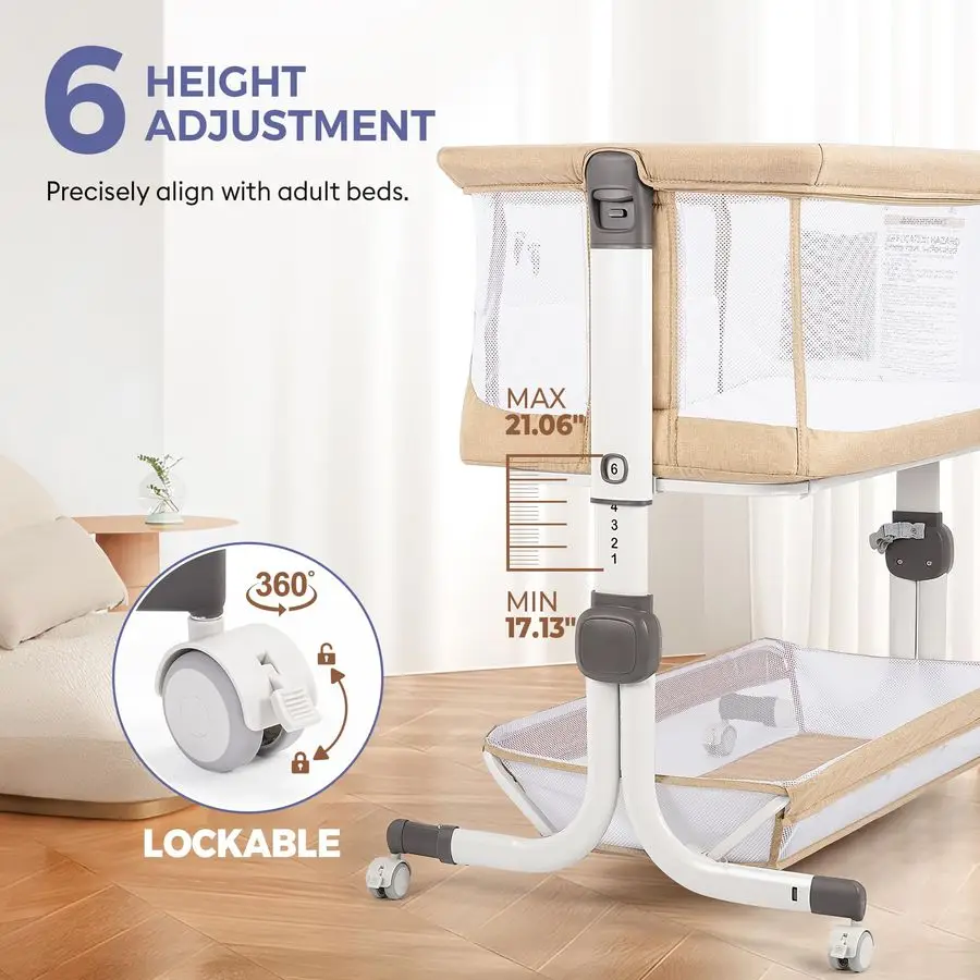 سرير بجانب السرير، سرير بجانب السرير ثابت مطور مع جوانب شبكية كاملة، ملاءة ناعمة، تعديل 6 ارتفاع، سلة تخزين، #3