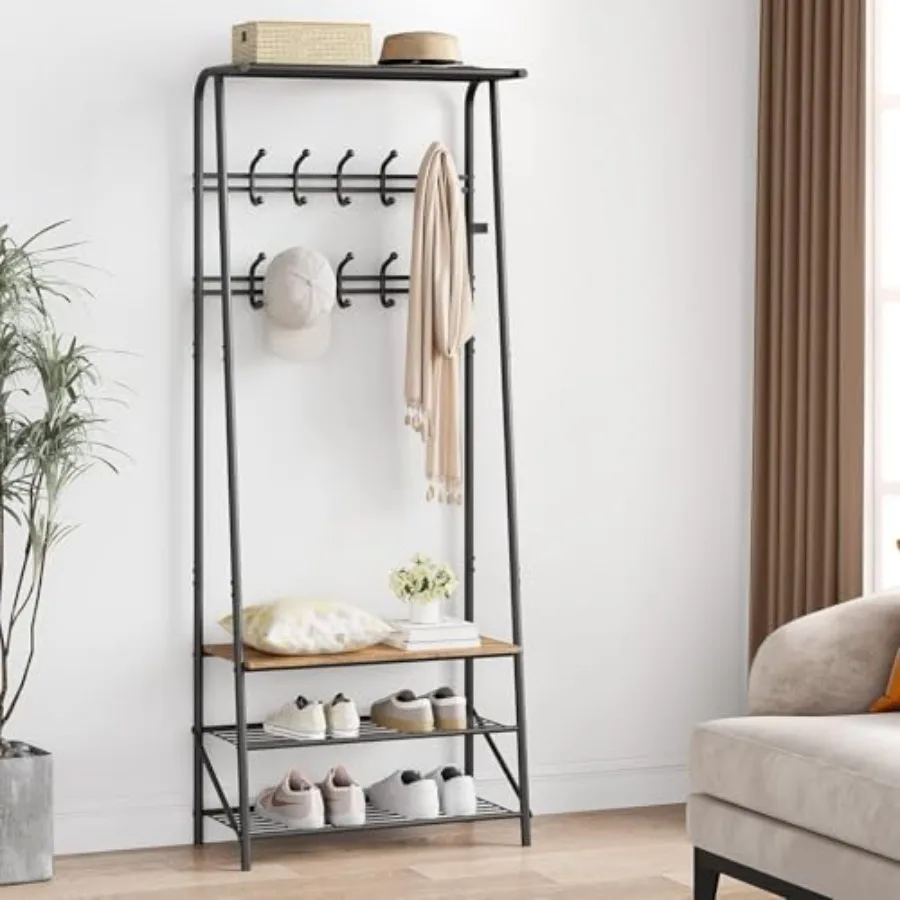 Coat Rack Shoe Bench with 8 Hooks, Hall Trees Entryway Bench with Storage, Multifunctional Hallway Organizer, Wood Look Accent