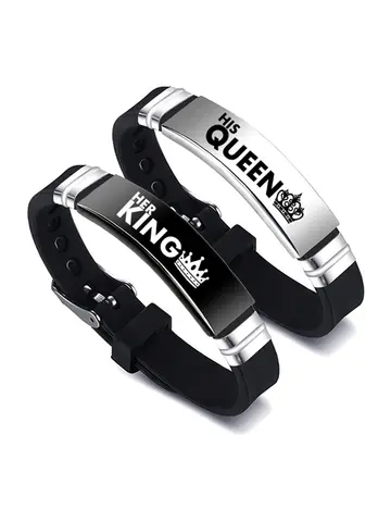 2 Pcs/Set His Queen Her King Couple Bracelet Stainless Steel Adjustable Silicone Strap Bangle Valentine's Day Gift