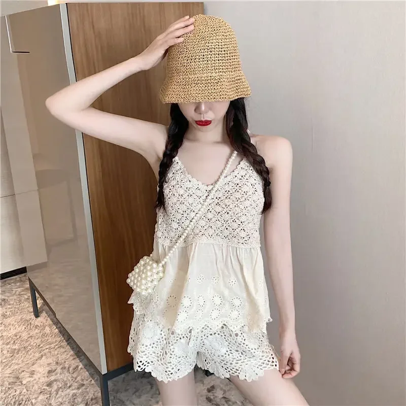cute shorts sets women summer hook hollowout sets girls  summer sleeveless sets