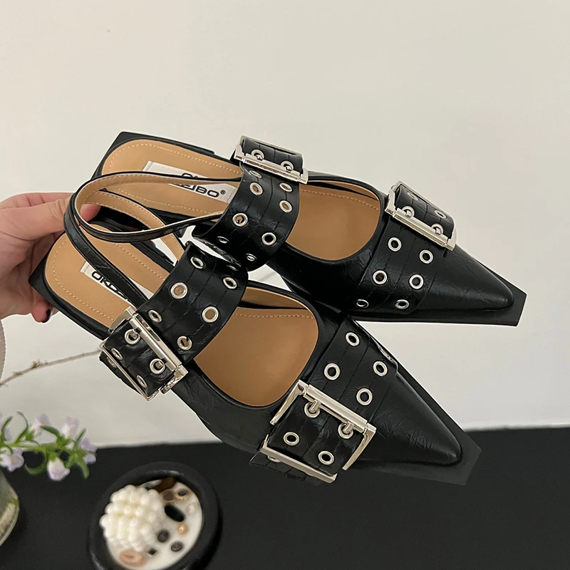 Big size Flats Sandals Women Shoes Spring Metal Buckle Female Footwear Elegant Fashion Pointed Toe Modern Sandals Ladies Shoes