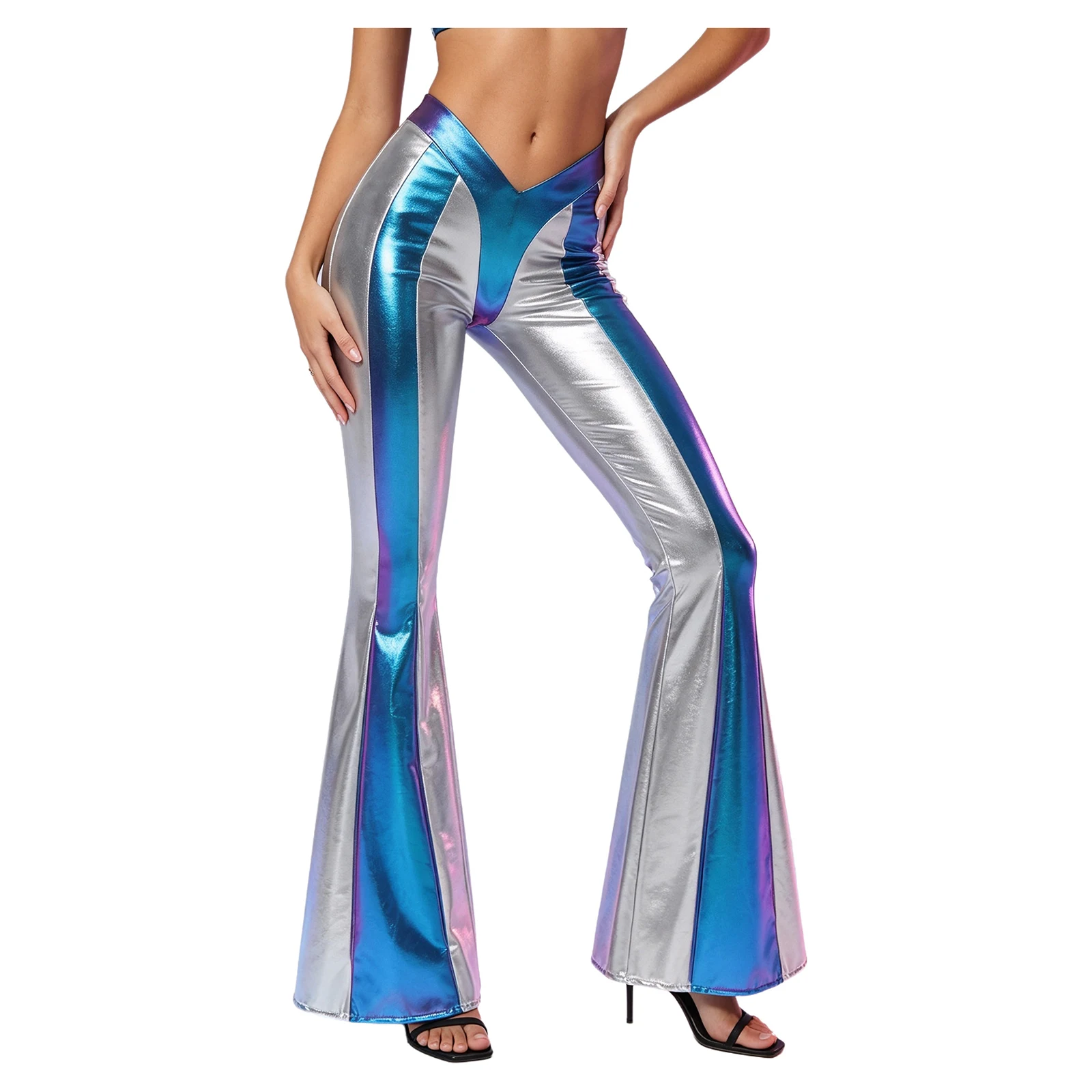 Women Shiny Metallic Color Block Bell‑Bottom Flare Pants Retro 70s Retro Disco Costume Clubwear Carnival Fancy Dress Trousers