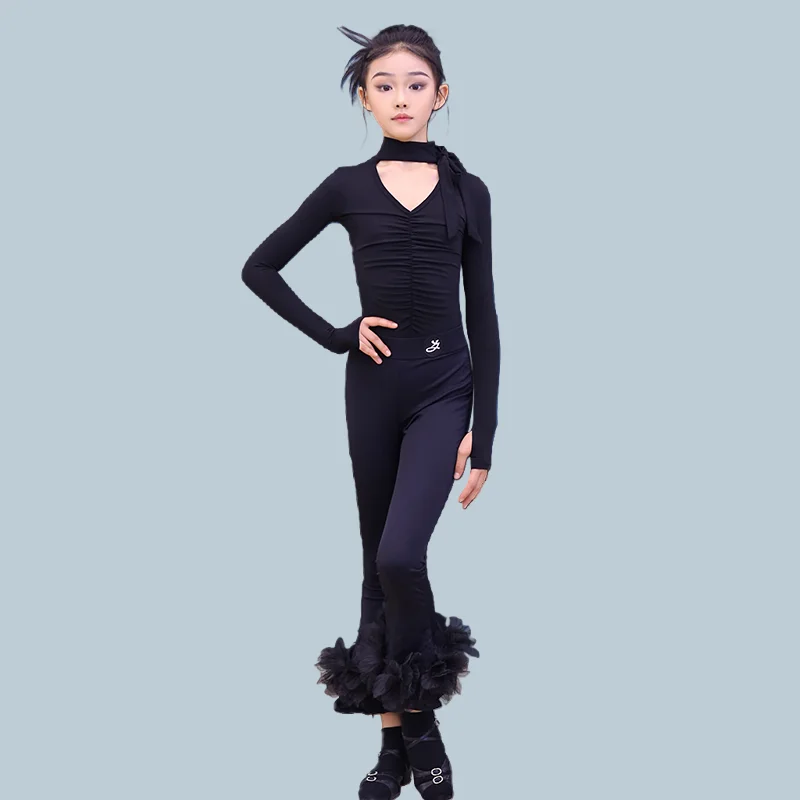 

2025 New Latin Dance For Girls Black Long Sleeve V-neck Top Pants Chacha Latin Samba Performance Costumes Practice Wear DN22470