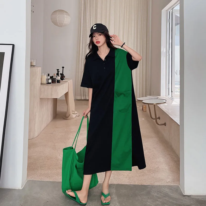 NYFS 2024 lato Korea nowy kobieca sukienka Vestidos szata Elbise bawełna luźna Plus rozmiar krótki rękaw długie sukienki L-4XL