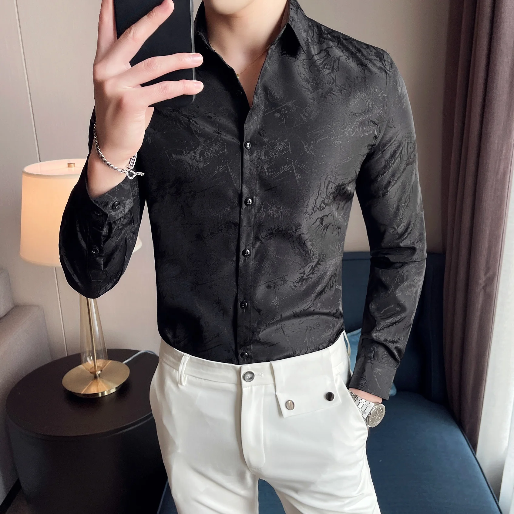 

Green 2023 Jacquard Luxury Shirt Men Black White Wedding Dres Shirt Prom Tuxedo Hemise Homme Long Sleeve Slim Fit Shirt Men