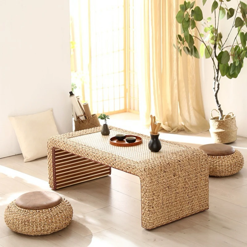 사이드테이블Tatami Tea Table Zen Style Low Table Rattan Woven Japanese Yantai Bay Window Household Primary Colours Wooden Small Table