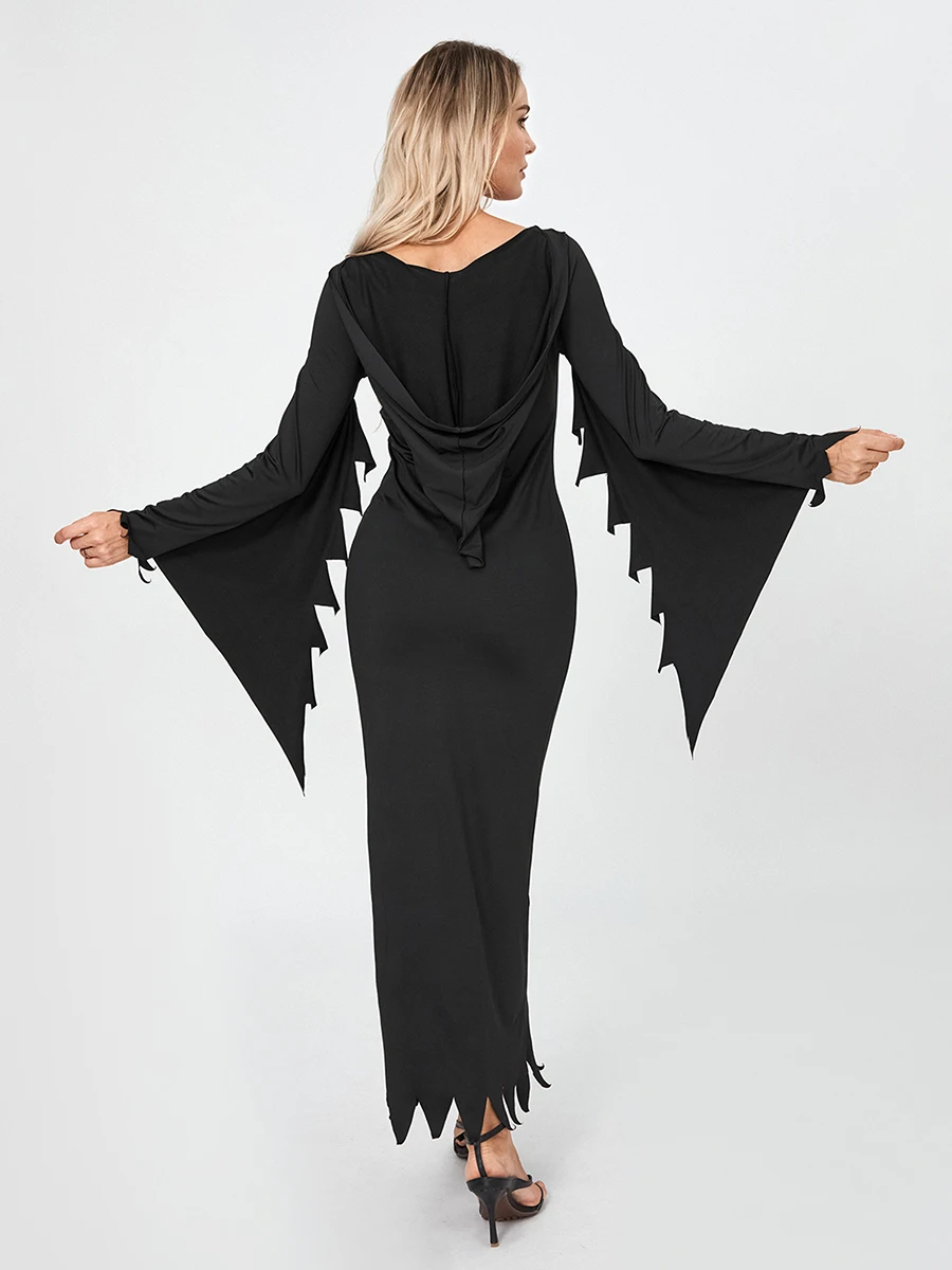 Robe noire à capuche Costume gothique Sorcière Costume Robe à manches longues pour Halloween Carnaval ixVente chaude S-XL