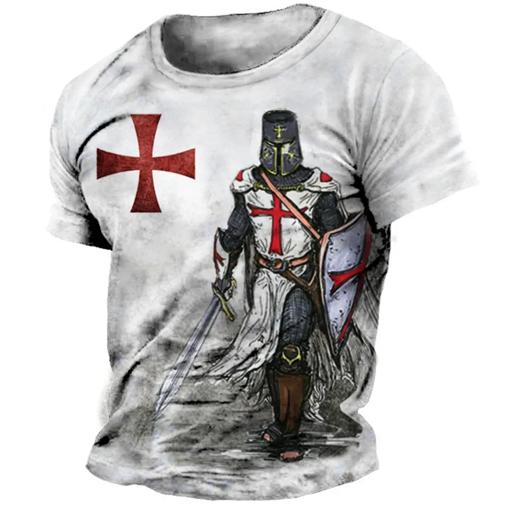 Retro Knights Templar Print Men's T-shirts Summer Loose Polyester Short Sleeve Male Tops Crusader Soldier Clothing Apparel