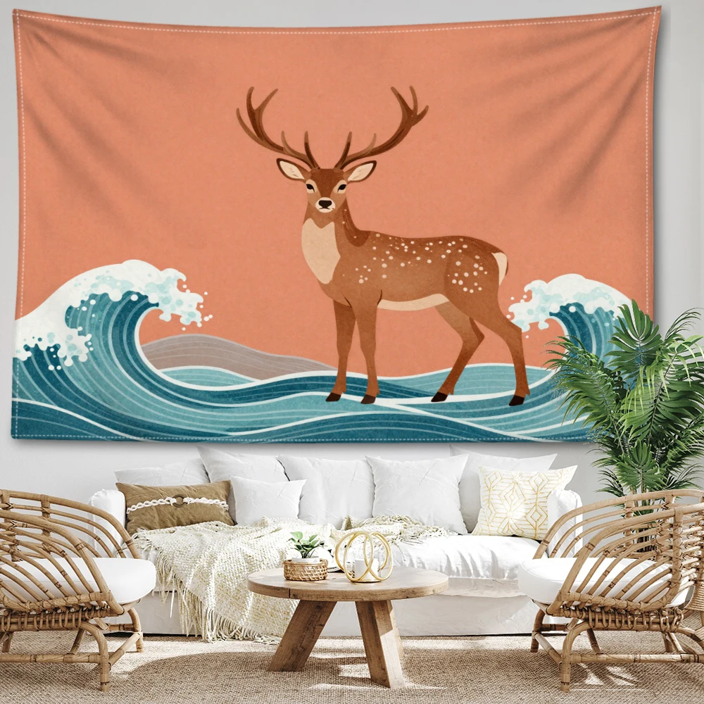 Warm Orange Sika Deer Sea Wave Wall Tapestry, Symmetrical Boho Decor