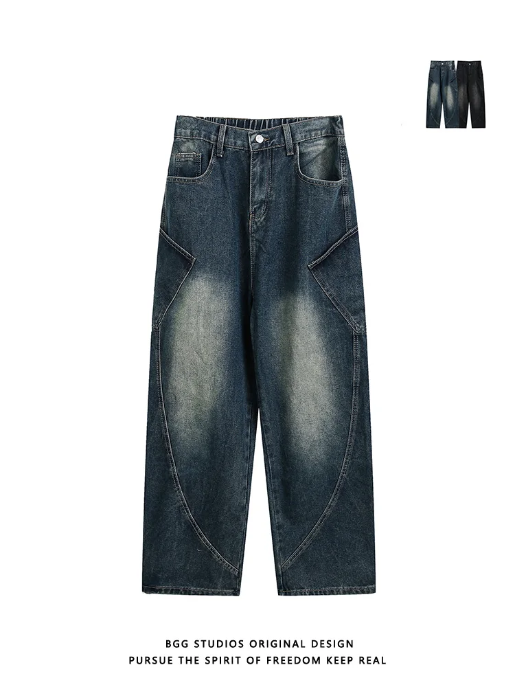 レトロアメリカンウェイドストレートレッグジーンズメンズサマートレンドルーズストリートカジュアルナイフパンツミッドウエストロングトラウザーズ