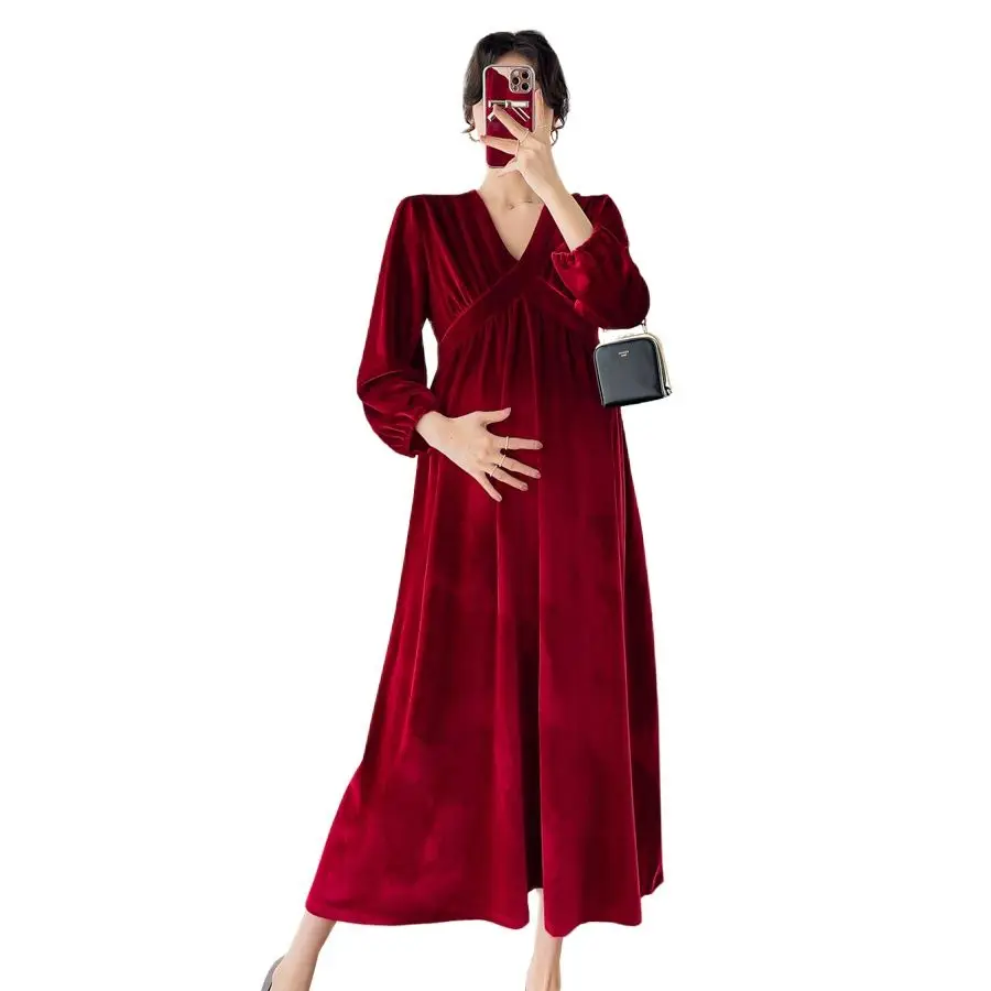 Winter Maternity Basic Dress Long Sleeve V-neck Elegant Pregnant Woman Velour Dress Plus Size Pregnancy Party Dress Black Red