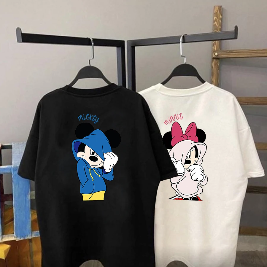 Disney Mickey Minnie Mouse Cotton Couple Breathable New Women Short Sleeve T-shirt Print T-Shirt Fashion Sports Tshirt Female