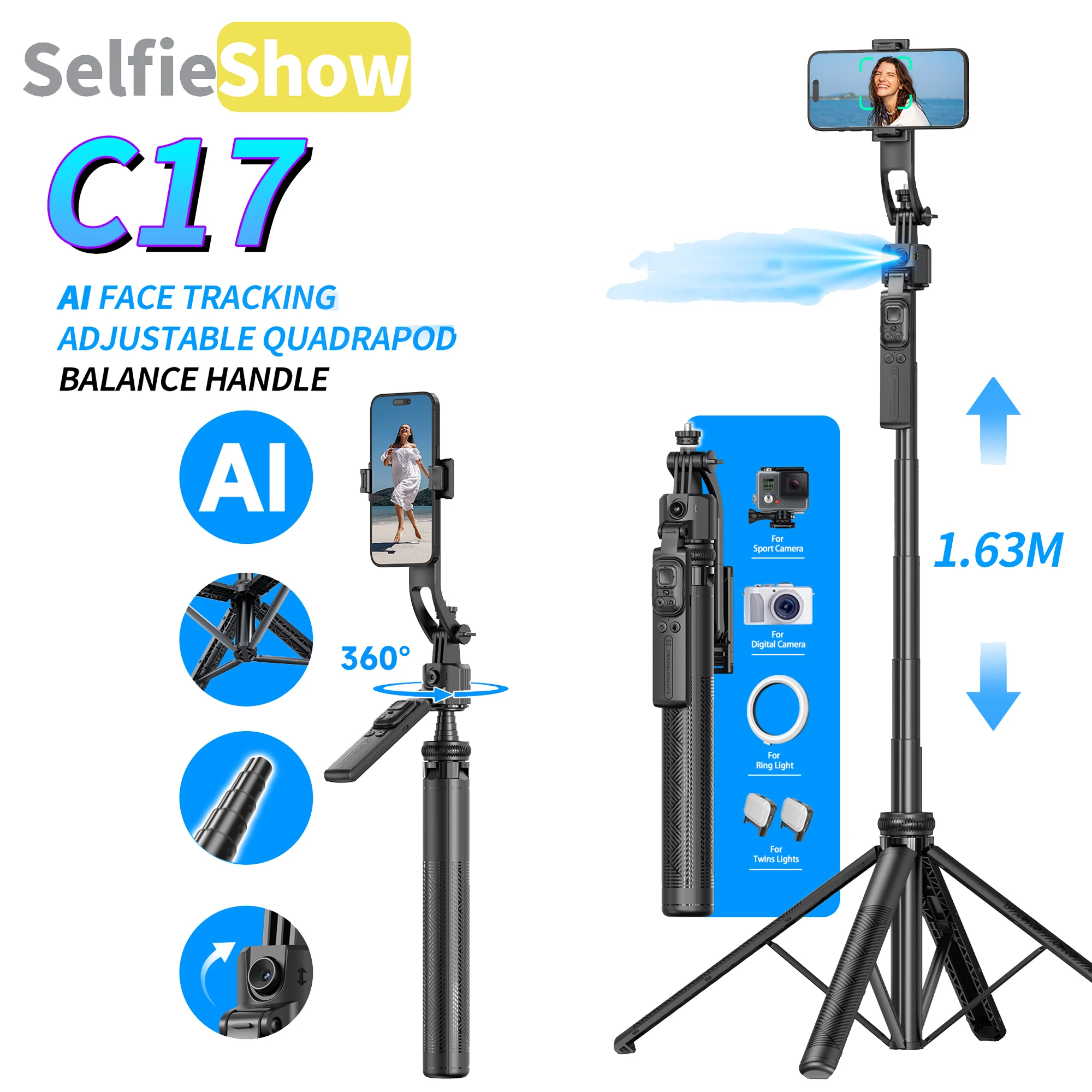 

Selfieshow C17 Intelligent AI Face Tracking Stable Bluetooth Ggimbal Shooting Quadrapod Selfie Stick Mobile Phone Stabilizer