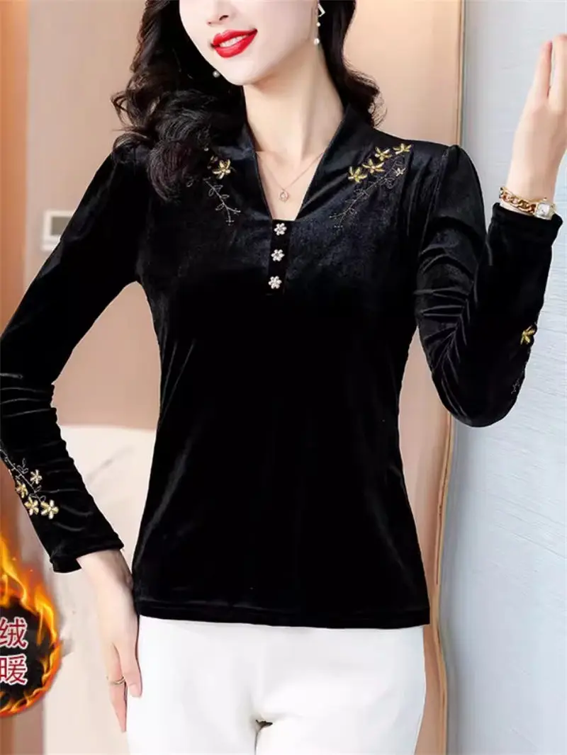 Black Bottom Shirt For Women's 2024 Spring Autumn/Winter Embroidered Stylish And Warm Lining Plush Tthickened Velvet Top Z4752