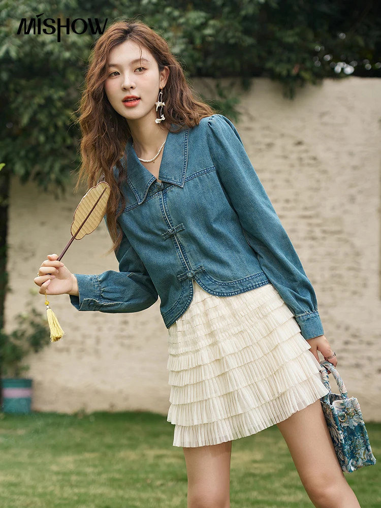 MISHOW Chinese Denim Shirt for Women Spring 2024 Korean Turn-down Collar Hem Curved Solid Casual Retro Short Tops MXD14C0231