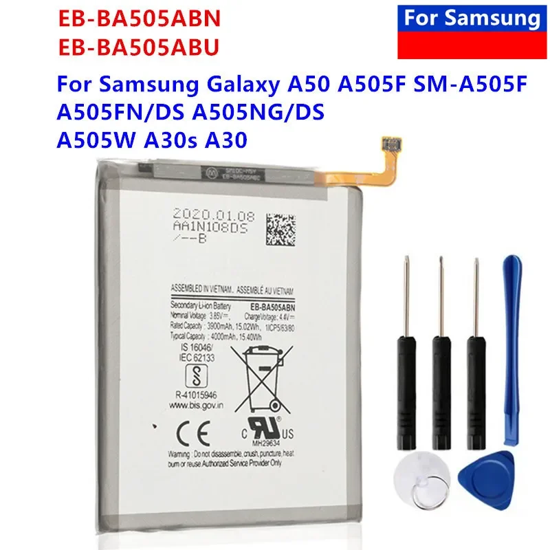 

For Samsung Galaxy Battery A50 A505F SM-A505F A505FN/DS A505GN/DS A505W A30s A30 SM-A507FN A50S, EB-BA505ABN EB-BA505ABU,4000mAh