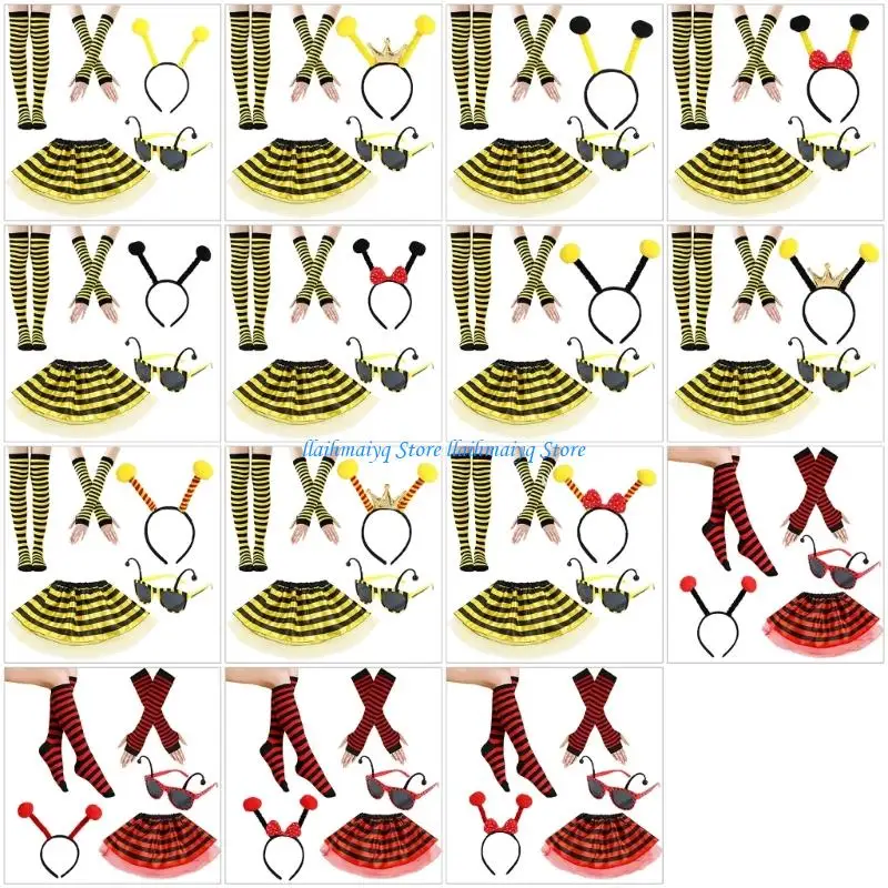 573B Kits disfraces abejas 5 piezas, disfraz abejorro, tutú, falda, antena abejas, diadema, tutús, gafas