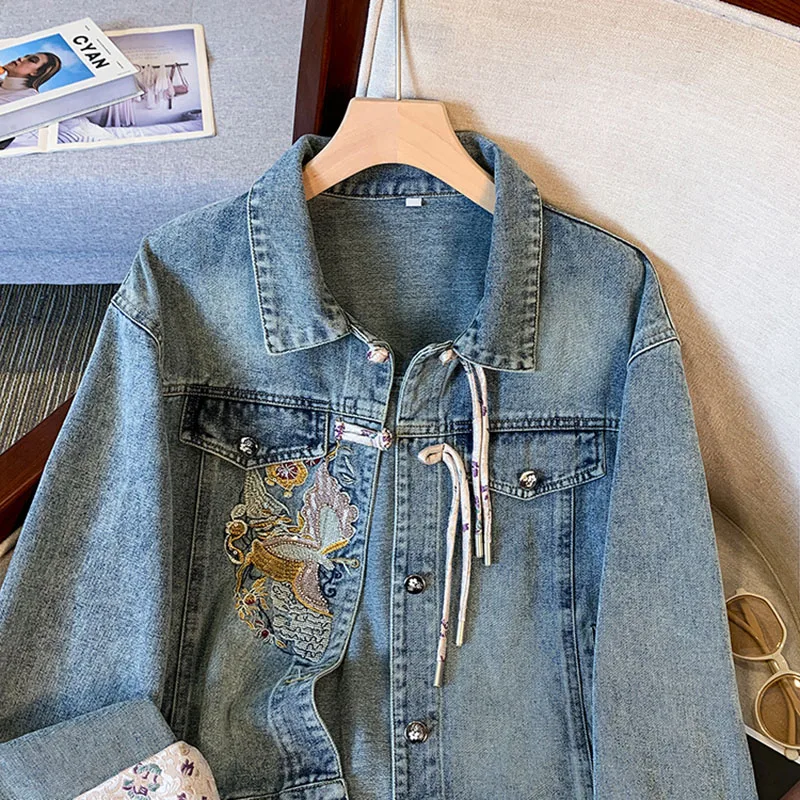 ผู้หญิงฤดูใบไม้ผลิกางเกงยีนส์สั้นเสื้อใหม่สไตล์จีนปัก DENIM Coat หญิงฤดูใบไม้ร่วงหลวมแขนยาว Outwear TOP