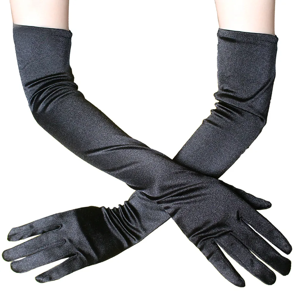 Classic Adult Black White Red Skin Opera Elbow Wrist Stretch Satin Finger Long Gloves for Women Flapper Gloves Matching Cosplay