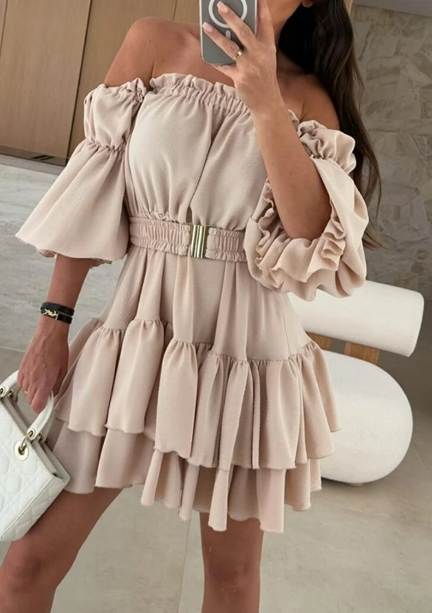 

Elegant Dresses for Women One Neck Off Shoulder Pleated Layered Dress Summer Elegant Slim Fit Casual Belt Solid Color Mini Dress