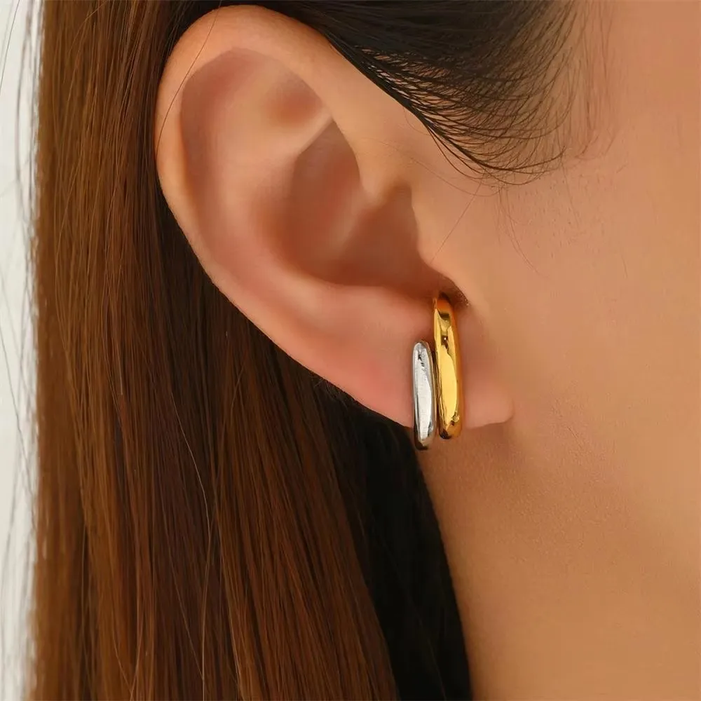 Mix Color Stainless Steel Double-layer Hoop Earrings Women Hypoallergenic Twist Circle Chunky Ear Huggie Earclip Vintage Jewelry view 4