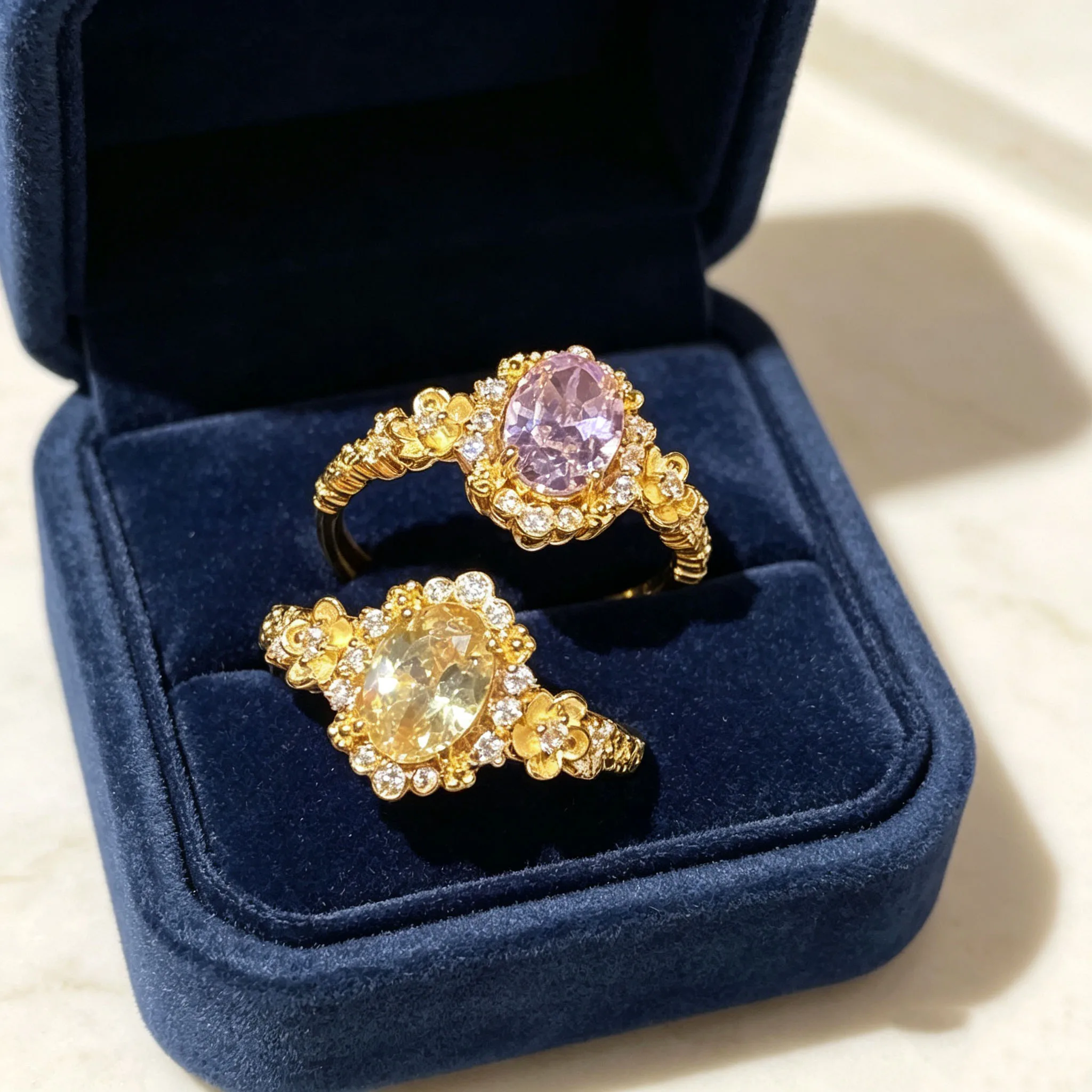 Luxurious 925 sterling silver floral glittering ring with yellow diamonds, pink diamond ring, specially designed for women