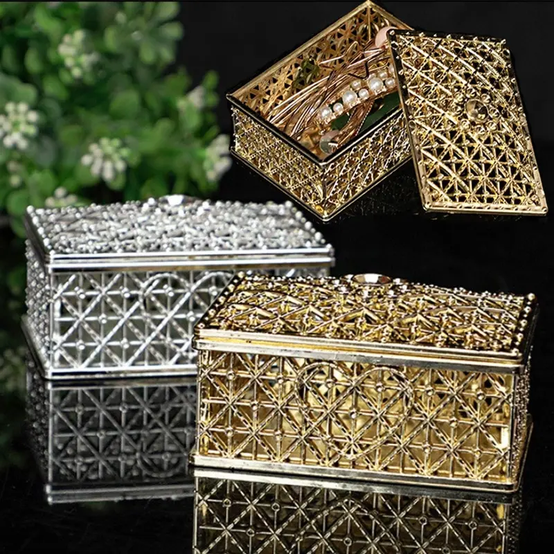 2 PCs Mini Jewelry Storage Box Set Silver-Color Hollow Flower Pattern Case for Necklaces Earrings Rings - Treasure Organizer