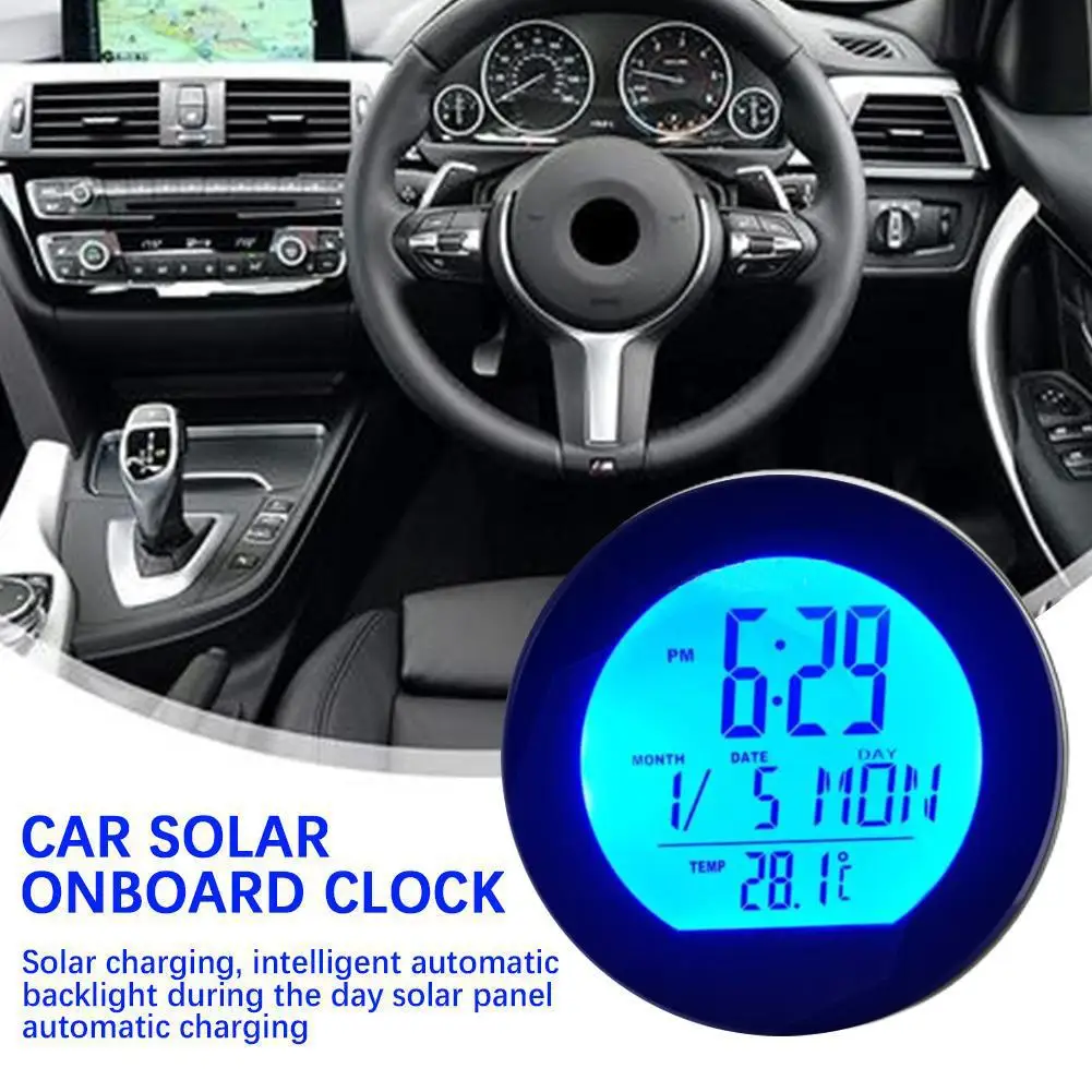 Solar Car Clock Digital Auto Date Week Thermometer Luminous LCD Interior Accessories Multi-Function Watch Car Time Display D8L7